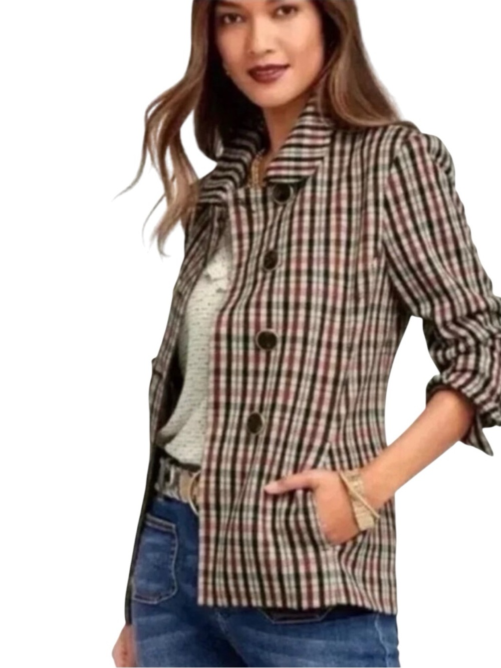 Nwot CAbi jazzy plaid double breasted  Button-Front jacket Black, Brown small